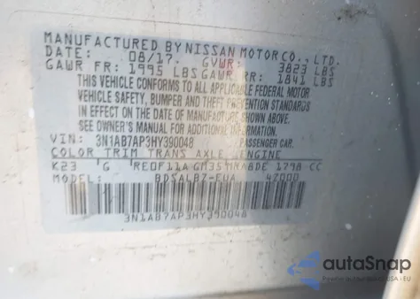 2017 Nissan Sentra S из США, поврежденный, VIN 3N1AB7AP3HY390048